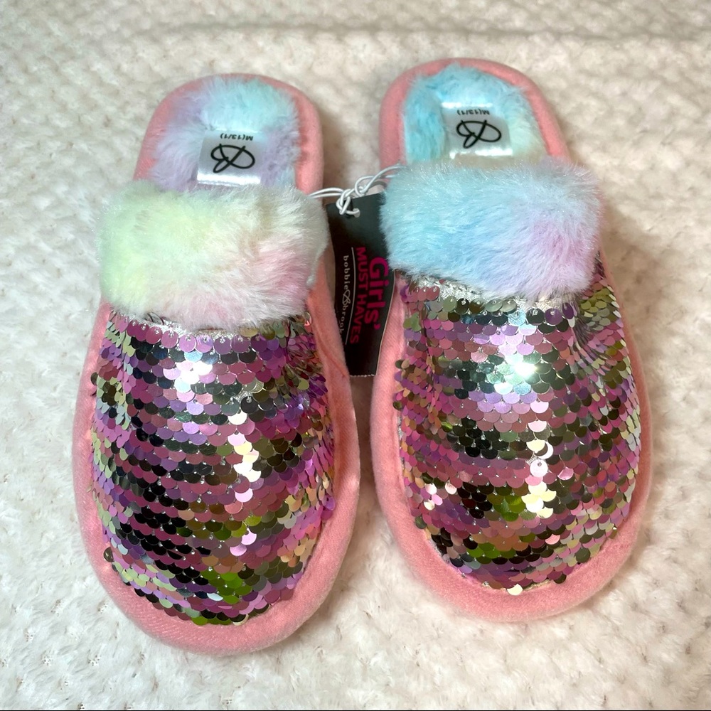NWT - Girls Fuzzy Unicorn Mermaid Slides, Reflective Color Changing, Bedazzled